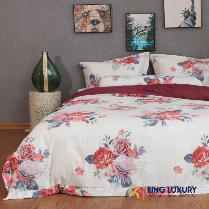 Bộ chăn ga Katakura Cotton Trắng Hoa Hồng