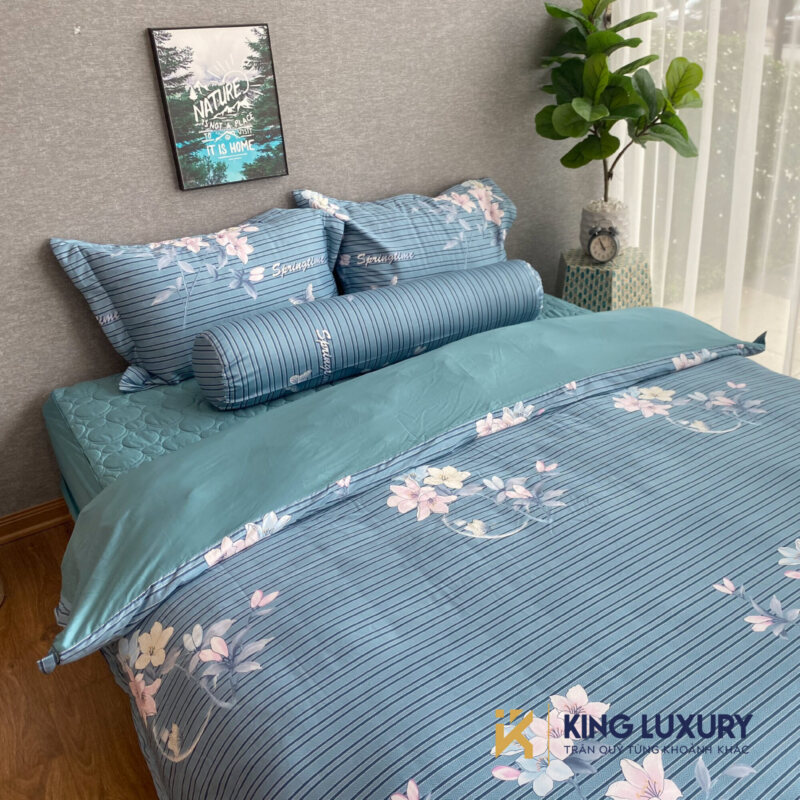 Bộ chăn ga Katakura Cotton Xanh Mẫu Đơn
