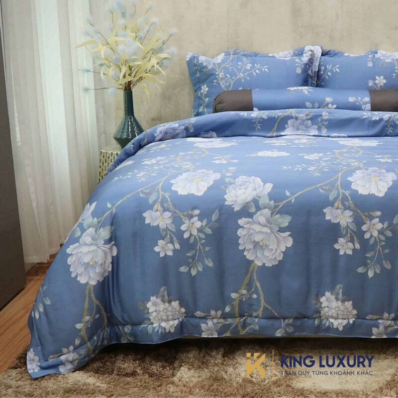 Bộ chăn ga Katakura Tencel Mẫu Đơn Trắng Xanh
