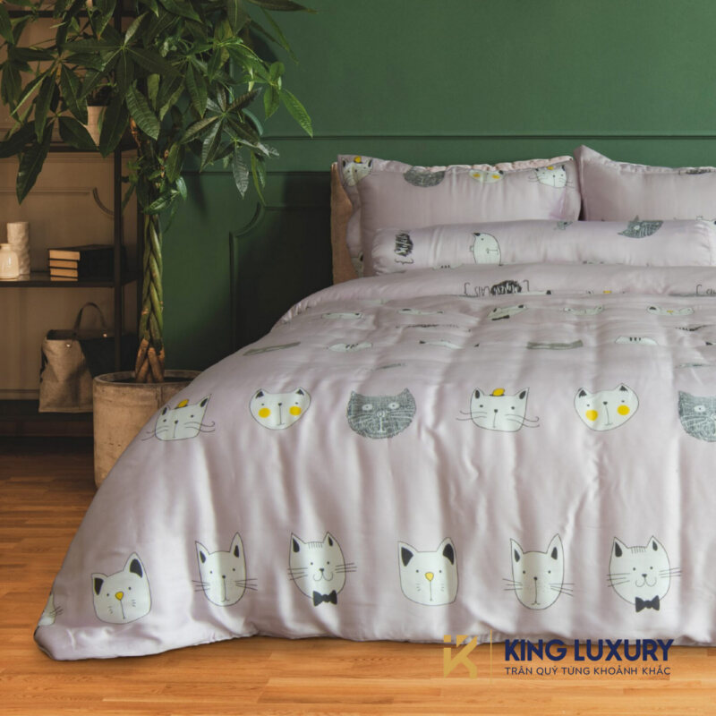 Bộ chăn ga Katakura Tencel Miu Trắng Hồng