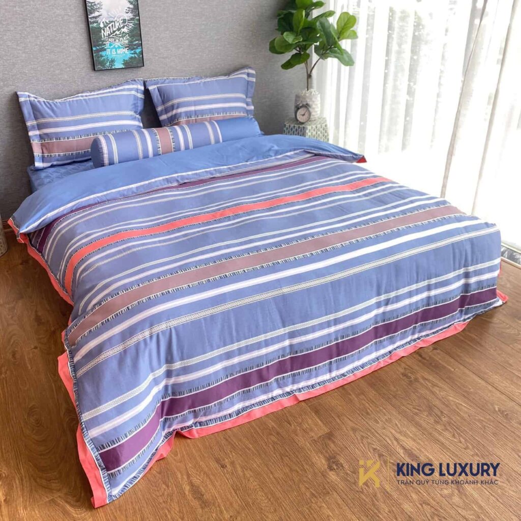 Bộ chăn ga Katakura Cotton Xanh Kẻ Sọc